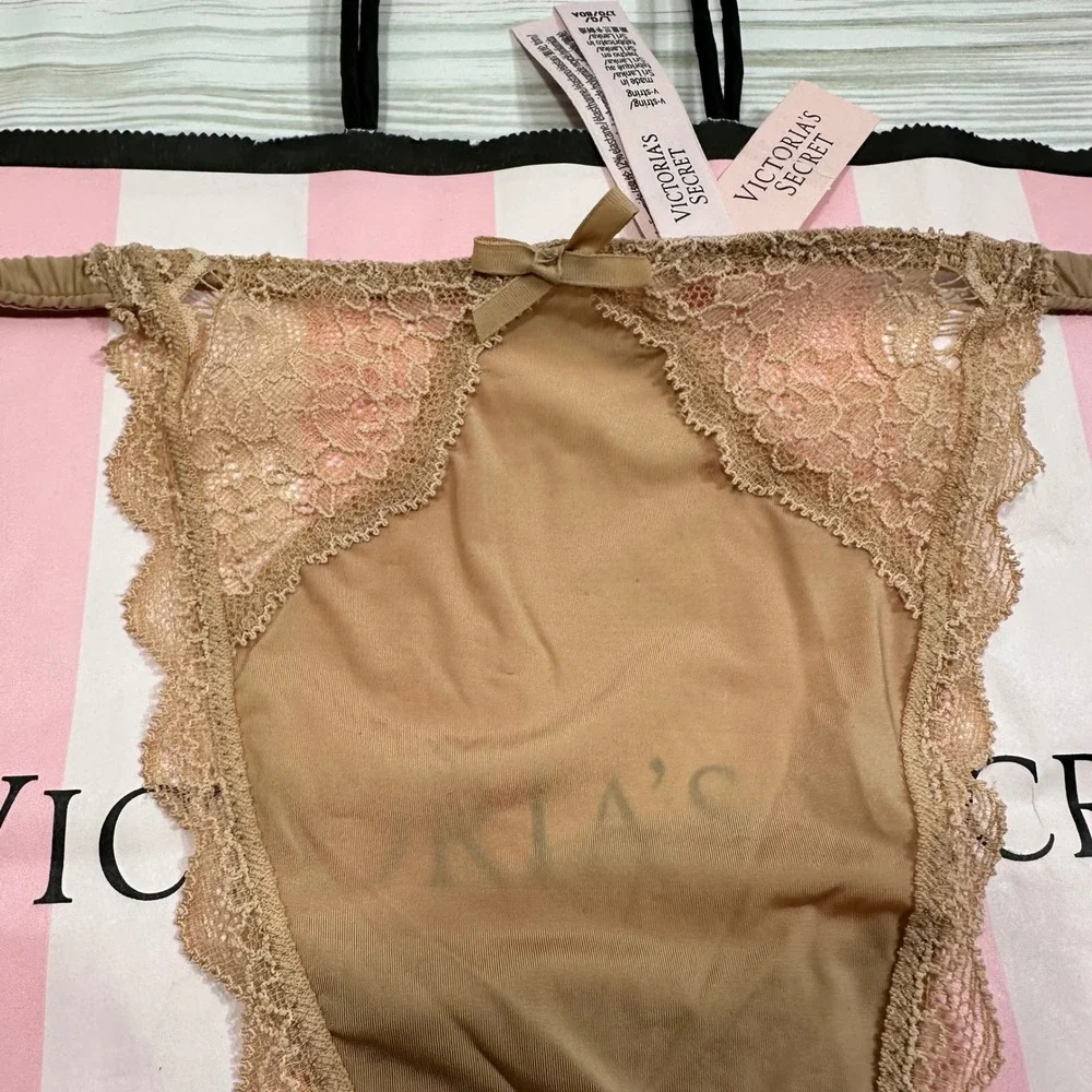 NWT Victoria's Secret Sheer Lace‎ Trim Thong Panty Tan Large